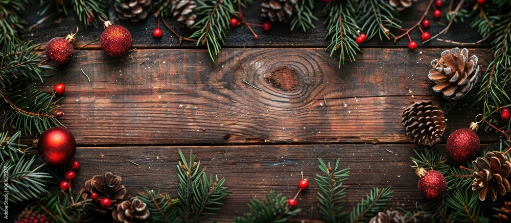 Poster top view of a holiday composition featuring fir tree branches, christmas decorations on a wooden bac