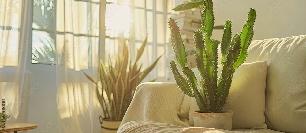 Aufkleber green cactus in living room, closeup. with copy space image. place for adding text or design