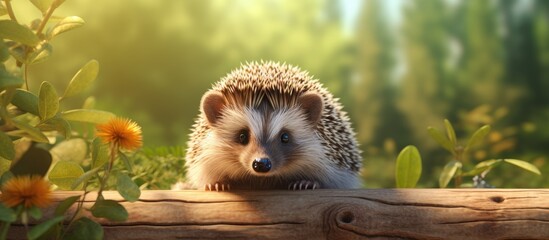 Fototapeta premium A hedgehog positioned sideways on a wooden surface against a backdrop of lush greenery under the bright sunlight, with room for additional images.