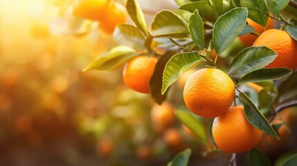 A group of oranges hanging from a tree branch