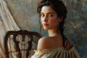 Fototapeta premium A beautiful young woman sitting in a chair with a calm expression