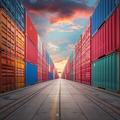 Fototapeta premium Perspective view of colorful containers cargo on the floor at seaport.