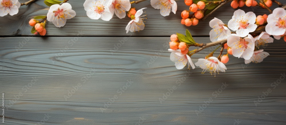 Aufkleber Apricot blossoms displayed against a wooden backdrop in a vibrant copy space image.
