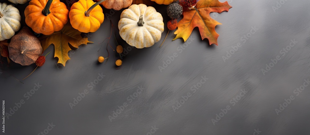 Poster fall-themed arrangement of pumpkins and dried leaves on a soft gray backdrop. perfect for autumn, ha