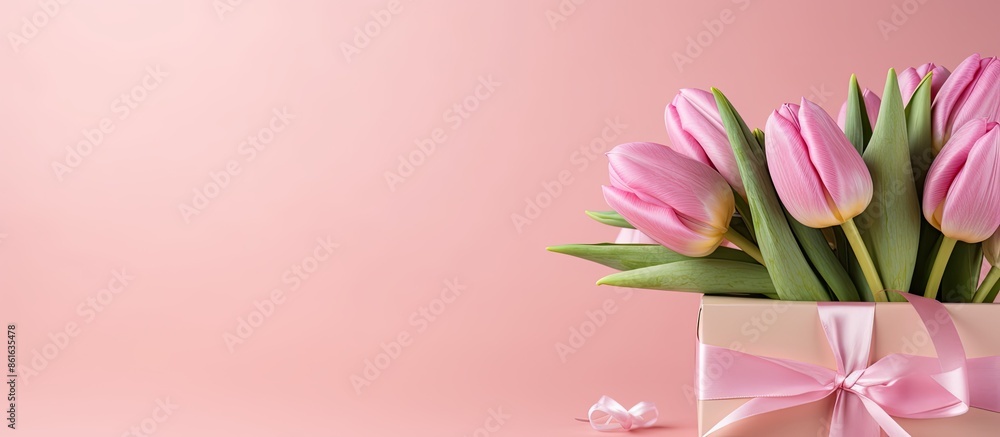 Poster banner with a group of pink tulips on a matching pink backdrop, featuring a card displaying 'happy b