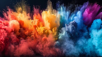 Abstract photograph of colored smoke exploding against a black background. The smoke is a vibrant mix of red, orange, yellow, blue, and purple, creating a dynamic and energetic composition