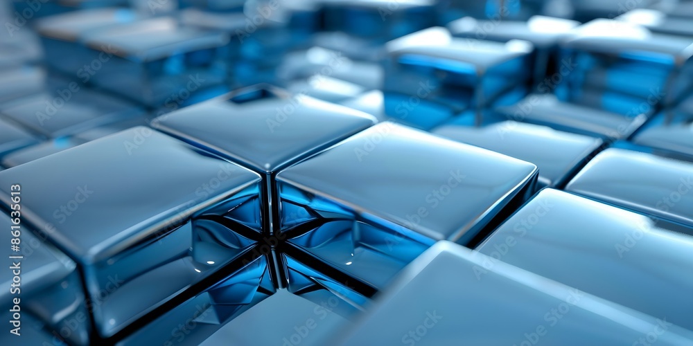 Poster 3d rendering of glossy blue cubes in grid formation. concept 3d rendering, glossy blue cubes, grid f