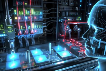 AI Data Center with Neon Lights, Depicting the High Tech Environment and Integration of Artificial Intelligence in Modern Technology