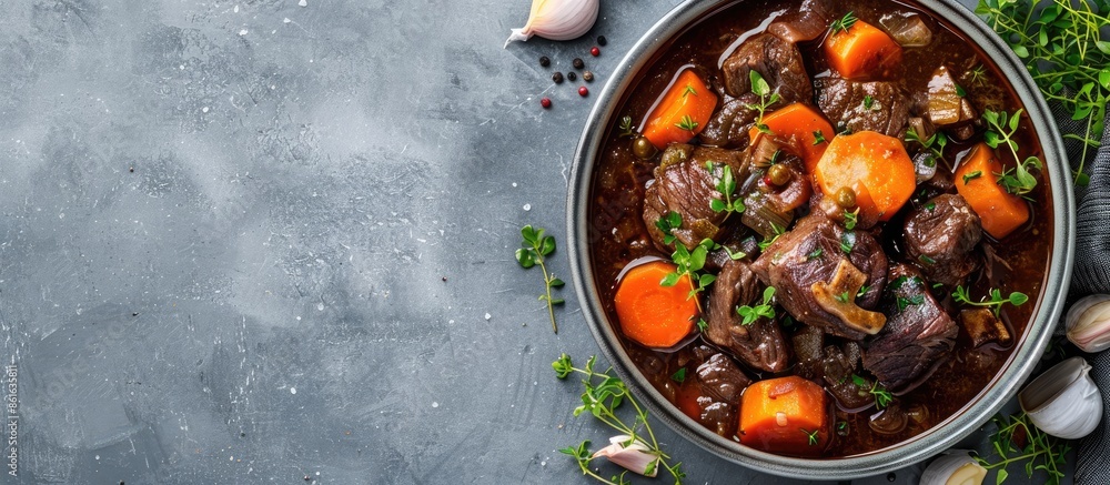 Poster vegetables accompany a beef bourguignon stew on a grey backdrop highlighting a copy space image.
