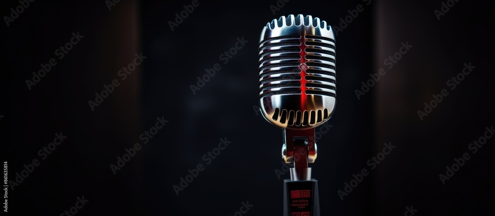 Poster Closeup of a contemporary microphone against a dark backdrop with copy space image.
