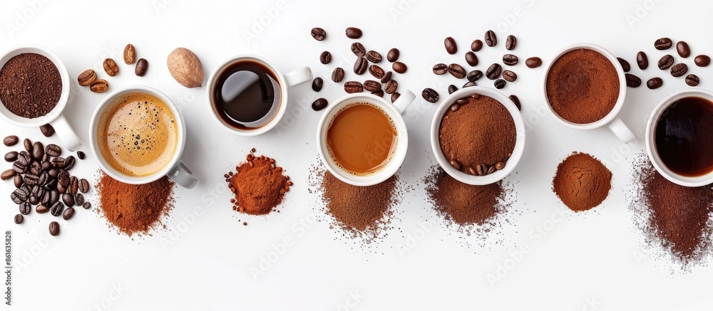 Poster various coffee types and ingredients displayed on a white background with available copy space image