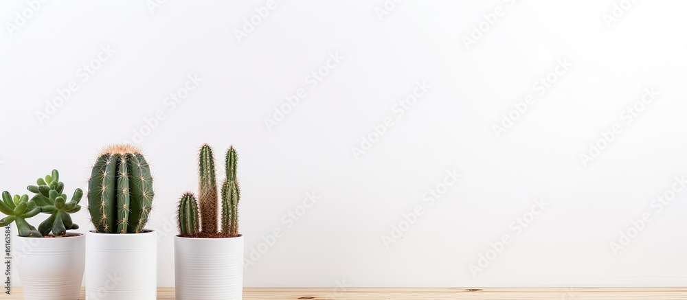 Poster cactus in a pot as a frame decoration on white backdrop with copy space image available.