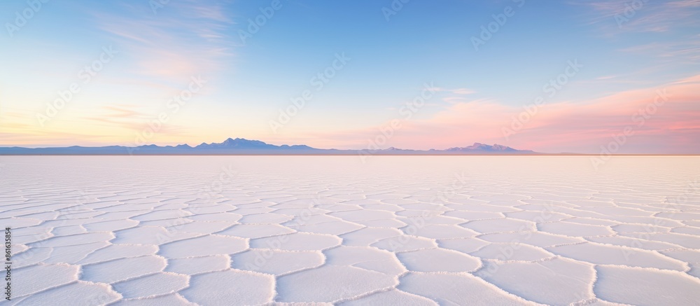 Poster sunrise over uyuni salt flat, showing a vast expanse of white salt with a clear sky and plenty of co