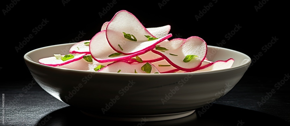 Poster close-up low angle view of radish chips slices in a white bowl on a black background with copy space