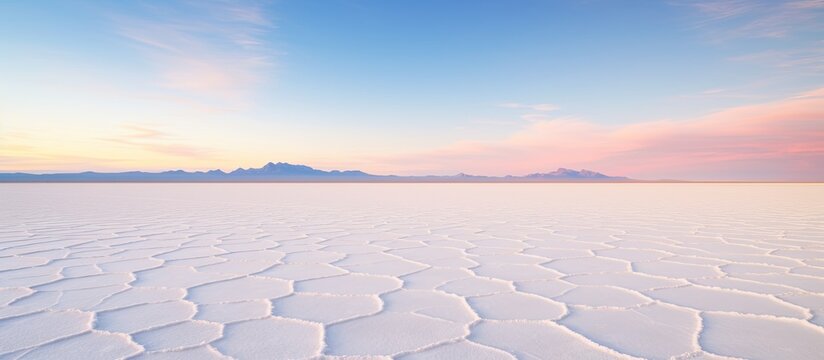 Sunrise over Uyuni Salt Flat, showing a vast expanse of white salt with a clear sky and plenty of copy space for images.