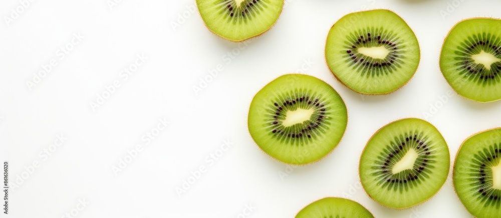 Fototapete Kiwi slices on white backdrop with ample copy space image for text, arranged in a flat lay pattern, seen from above.
