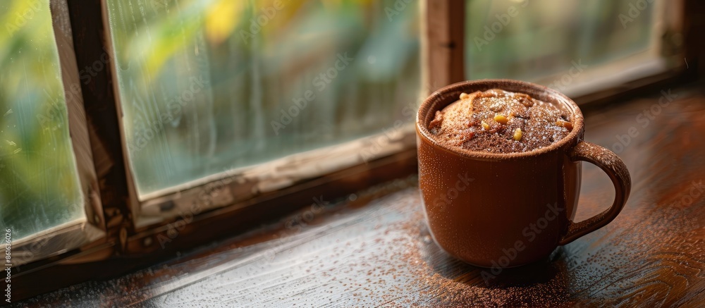 Aufkleber brown mug cake and window . with copy space image. Place for adding text or design
