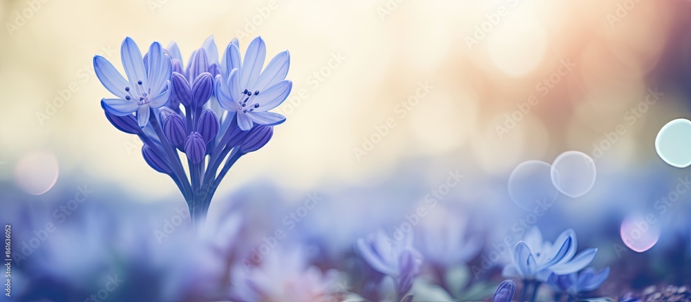 Poster selective focus on a blooming siberian squill (scilla siberica) with a shallow depth of field. the i