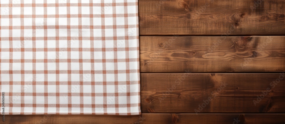 Aufkleber Top view mockup of an empty tablecloth and napkin on a wooden table with copy space image available.