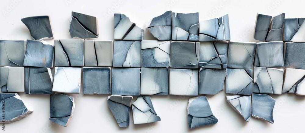 Poster fragments of broken ceramic tiles of gray-blue color in a check on a white isolated background. with copy space image. Place for adding text or design