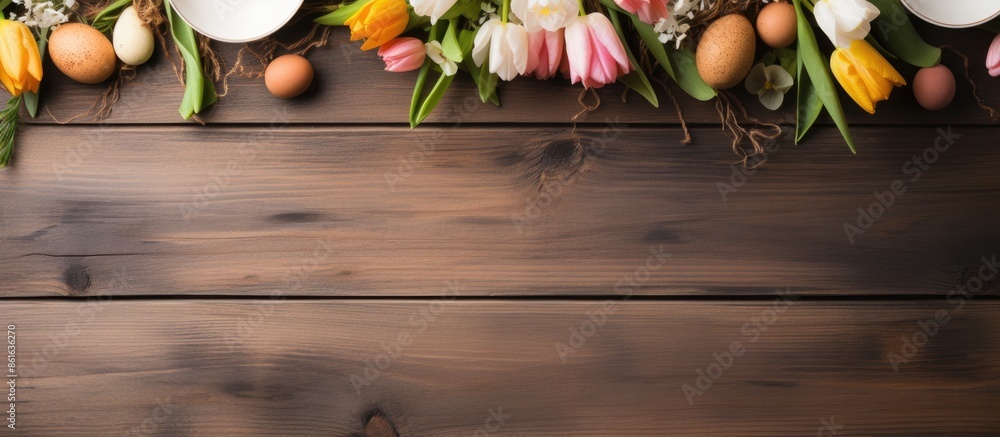 Poster Wooden background with a top view for a spring holiday concept featuring an Easter table setting in a flat lay style, with ample copy space image.
