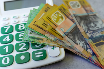 Aud 50 100 AUS  Australia banknotes, money and calculator