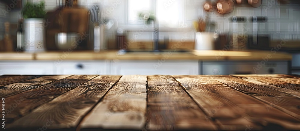 Aufkleber copy space image featuring a wooden tabletop against a blurred kitchen backdrop, ideal for showcasin