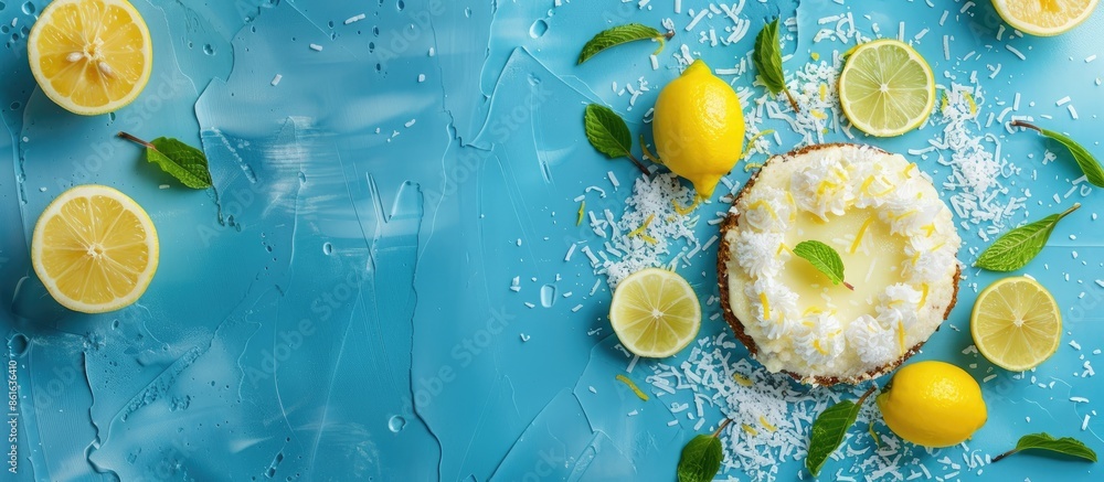 Aufkleber a homemade cake with lemon and coconut on a blue background, featuring copy space for text with a se