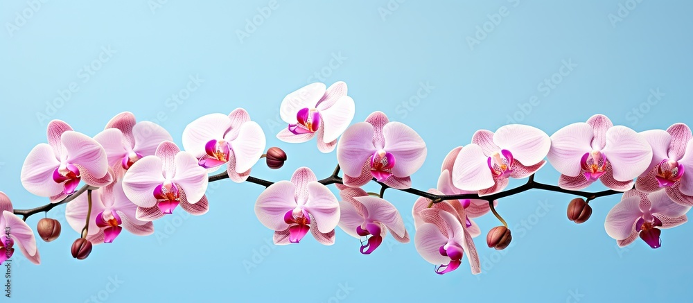 Aufkleber a pink phalaenopsis or moth dendrobium orchid flower is isolated in a tropical garden on a blue back