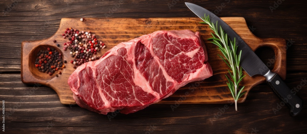 Aufkleber Marbled beef striploin steak displayed on a rustic meat cleaver, set against a wooden background in a top view perspective with copy space image.