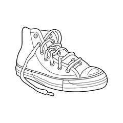 Sneakers with laces. Coloring book. Black and white vector illustration.
