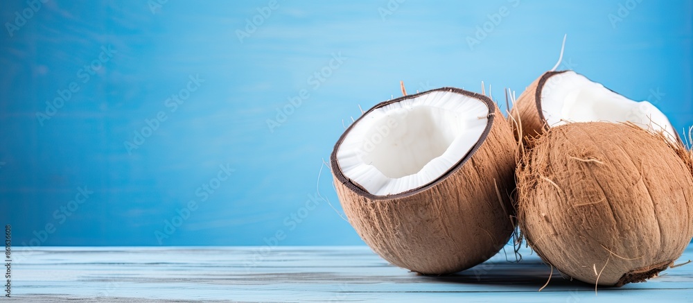 Aufkleber summer-themed image with fresh coconuts on a blue desk with a flat copy space photo.