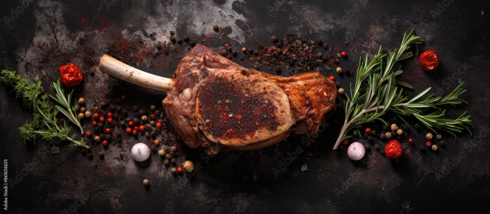 Aufkleber Top view of a lamb tenderloin with bone and spices for cooking on a old rusty black metal table, perfect for a copy space image.