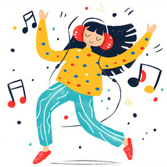 Obraz premium Femme écoutant de la musique et dansant en public, dessin coloré sans contour