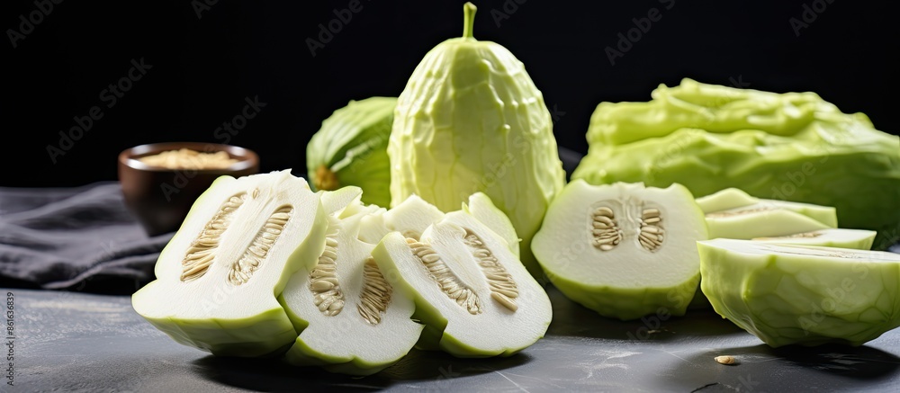 Fototapete close-up of a sliced and whole chayote on a gray table with copy space image.