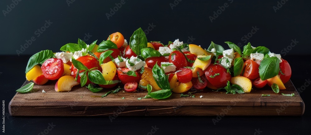 Aufkleber tomato peach salad with basil and goat cheese displayed on a wooden board against a black background