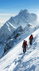Two motivated people are climbing a mountain with a red backpack