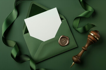 Elegant green envelope with blank paper card, adorned with wax seal and ribbon, perfect for wedding invitations or romantic letters on a green background