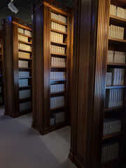 Bookshelves in the library, education background. Cozy book backdrob. Bookish