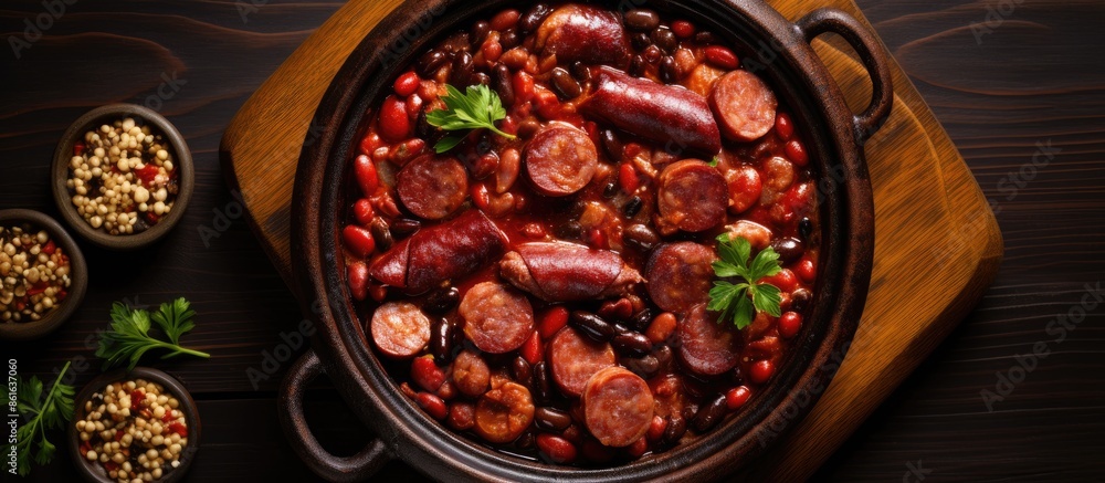 Poster top view of a traditional fabada asturiana dish featuring beans with chorizo and blood sausage on a 
