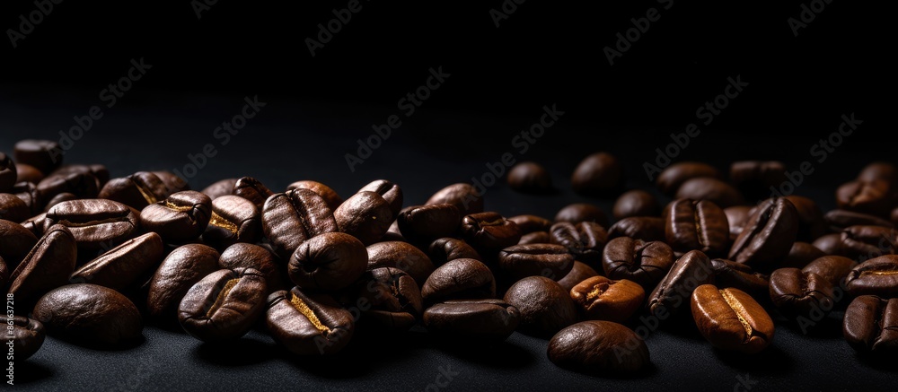 Fototapete Black coffee beans displayed against a black background with space for text or images. with copy space image. Place for adding text or design