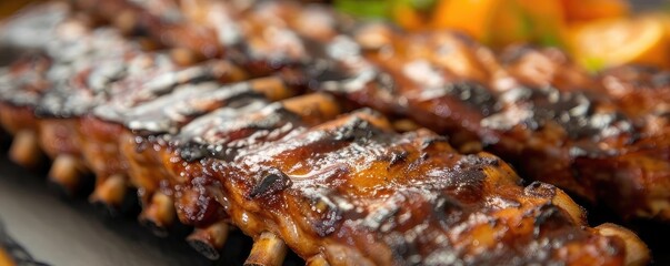 Close-up of delicious, grilled barbecue ribs with a smoky glaze, garnished with fresh herbs and served with vegetables.