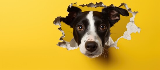 A pet gazes through a ripped paper backdrop in a studio with a yellow background, providing a copy...