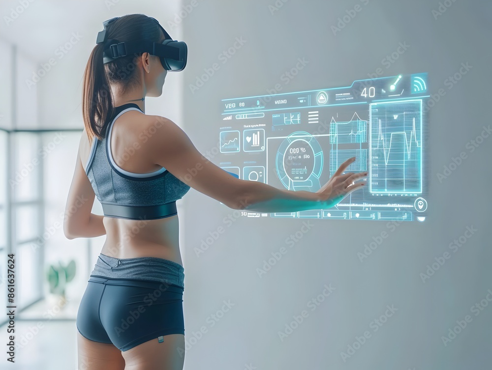Poster virtual health assistant guiding user through futuristic digital exercises interface