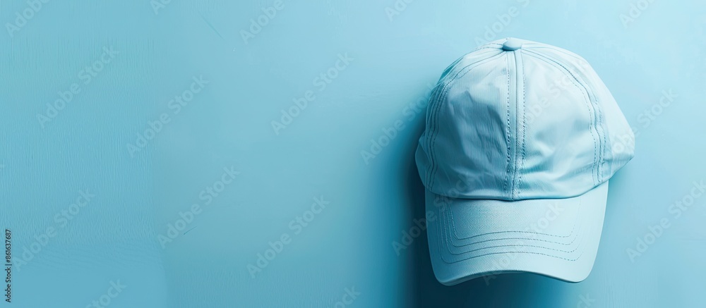 Poster light blue backdrop with a baseball cap, providing room for text with a copy space image.