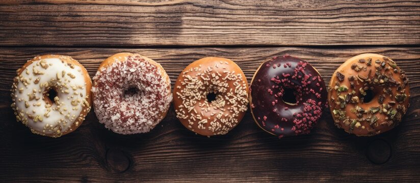 Top view of delicious bakery doughnuts on a vintage rustic wooden table, captured in a retro-toned overhead shot with copy space image.