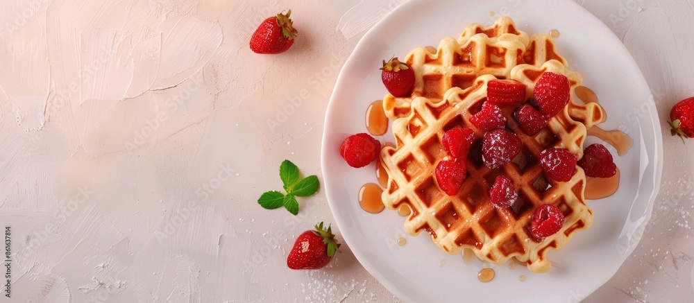 Poster A menu concept showcasing Belgian or American waffles as a delectable dessert snack, with a background view from the top and space for text inclusion in the image. with copy space image