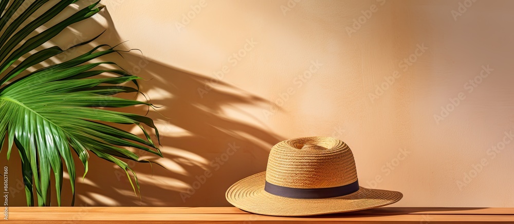 Aufkleber a tropical hat prop on a wooden shelf against a wall with a palm tree branch casting shadow - copy s