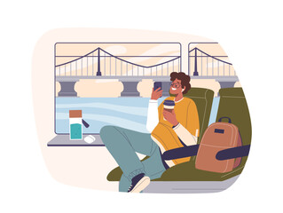 Young Tourist Relaxing On Train With A Coffee And Smartphone. Scenery Outside The Window Includes A Bridge Over Water