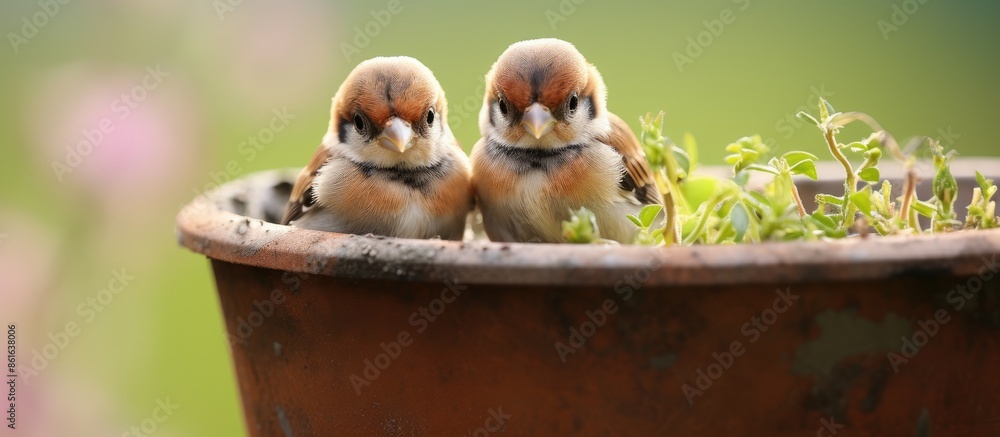 Poster eurasian tree sparrow chicks in a plant pot with copy space image.